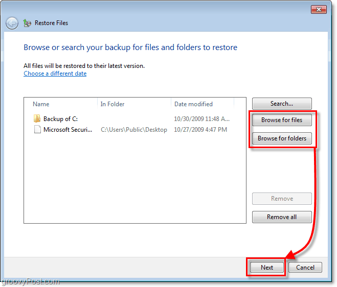 „Windows 7“ atsarginė kopija - pasirinkite, kuriuos failus ar aplankus norėtumėte atkurti