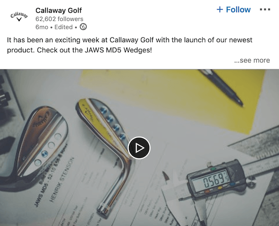„Callaway Golf LinkedIn“ vaizdo įrašas, kuriame skelbiamas naujas produktas