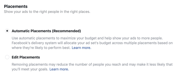 „Facebook“ potencialių klientų skelbimų kampanijos talpinimo parinktys.