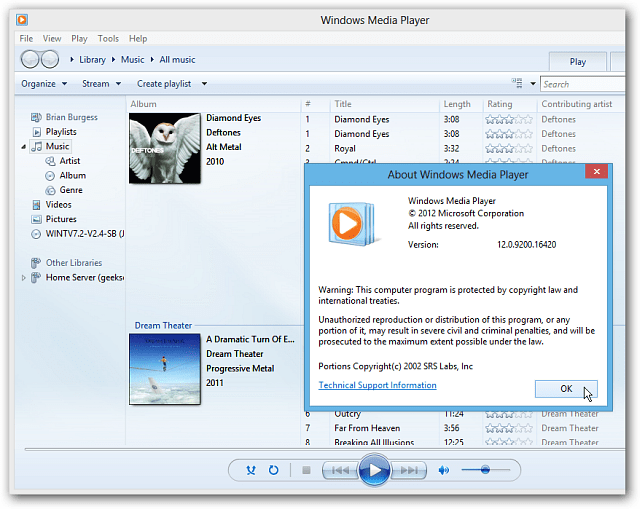 „Windows Media Player“ „Windows 8“ darbalaukyje