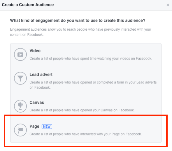 Pasirinkite „Puslapis“ kaip įtraukimo tipą, kurį norite naudoti kurdami „Facebook“ pasirinktinę auditoriją.