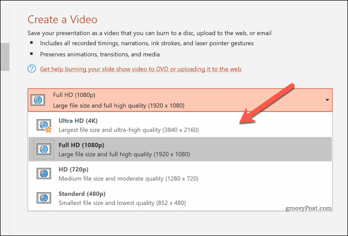 Eksportuotų vaizdo įrašų kokybės nustatymas „PowerPoint“