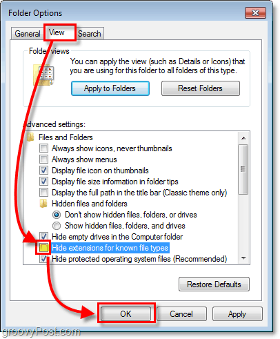 „Windows 7“ aplanko parinkčių dialoge spustelėkite rodinį skirtuką, tada panaikinkite žymėjimo tipų paslėpti plėtinius žymėjimą