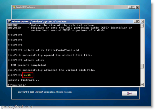 „Windows 7“ vidinis VHD diegti dvigubą įkrovą, išeiti iš CMD eilutės