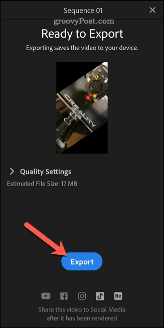 Vaizdo įrašo eksportavimas naudojant „Adobe Premiere Rush“.