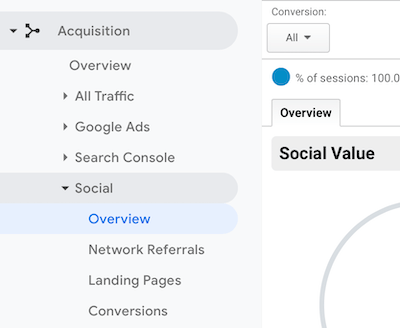 naršymo meniu sistemoje „Google Analytics“, pasirinkus „Social“> „Apžvalga“