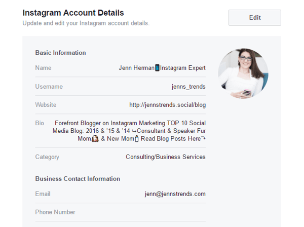 Kai kuriuos „Instagram“ paskyros duomenis galite redaguoti „Facebook“ puslapio nustatymuose.