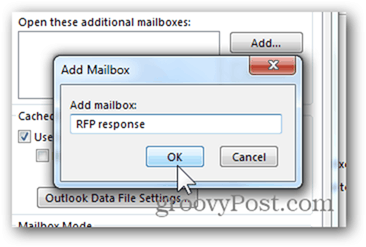 Pridėti pašto dėžutę „Outlook 2013“ - įveskite pašto dėžutės pavadinimą Spustelėkite Gerai