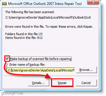 Ekrano kopija - „Outlook 2007“ „ScanPST“ taisymo meniu