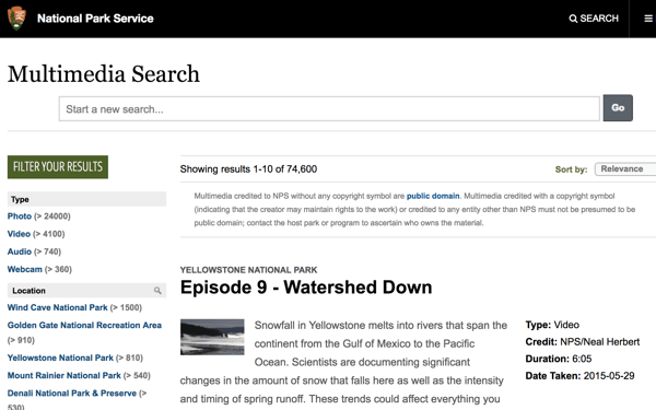 Naršykite tūkstančius valandų filmuotos medžiagos ir failus, kuriuos pateikė Nacionalinio parko tarnyba.