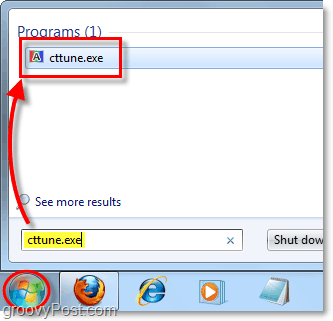 iš „Windows 7“ meniu Pradėti įkelkite „cctune.exe“, kad įkeltumėte „ClearType“ imtuvą