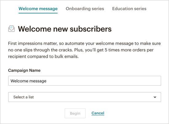 Pasirinkite, kokio tipo automatinį pasveikinimo el. Laišką norite siųsti per „Messenger“ robotą. 