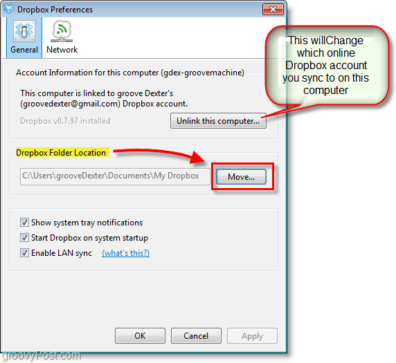 „Dropbox“ ekrano kopija - pakeiskite „dropbox“ numatytąją vietą arba pakeiskite / pašalinkite „dropbox“ paskyras