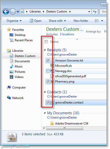 „Windows 7“ ekrano kopija - naudokite žymimuosius laukelius, kad pasirinktumėte savo elementus, grožiau!