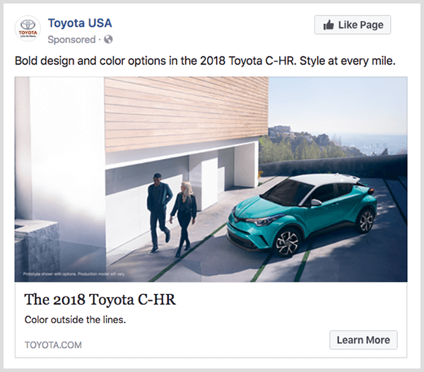„Toyota“ „Facebook“ įtraukimo skelbime yra turkio spalvos „Toyota C-HR“ ir mygtukas „Sužinokite daugiau“.