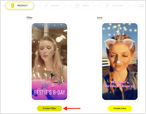 Spustelėkite Kurti filtrą, jei norite nustatyti „Snapchat“ geofiltrą savo renginiui.