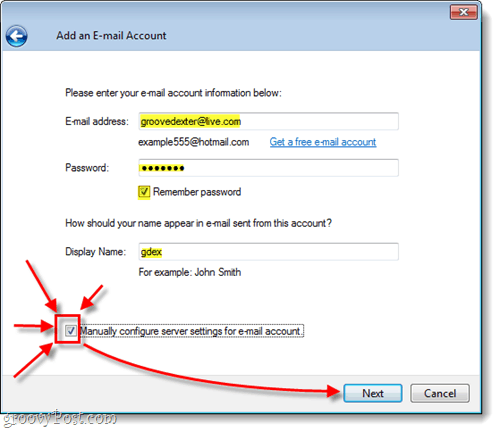 rankiniu būdu sukonfigūruokite „hotmail“ naudodami „Windows Live“ paštą