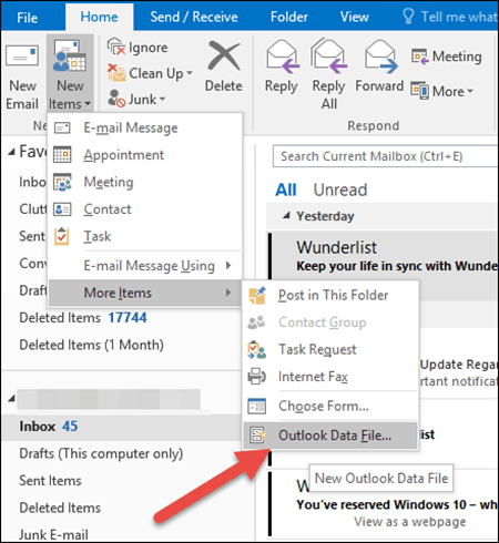 „Outlook 2016“ - sukurkite „Outlook“ duomenų failą - PST