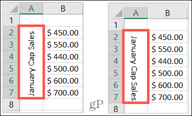 „Excel“ pasuktas tekstas aukštyn ir žemyn