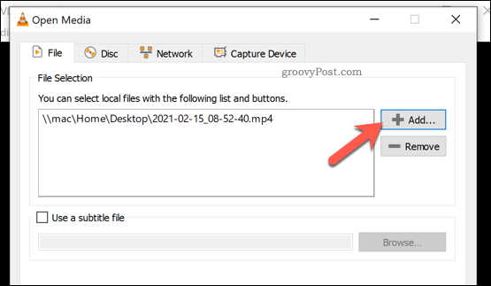 Pridedamas failas, kurį reikia konvertuoti VLC sistemoje „Windows“