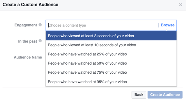 Pasirinkite „Facebook“ pasirinktinių vaizdo įrašų auditorijos įtraukimo kriterijus.