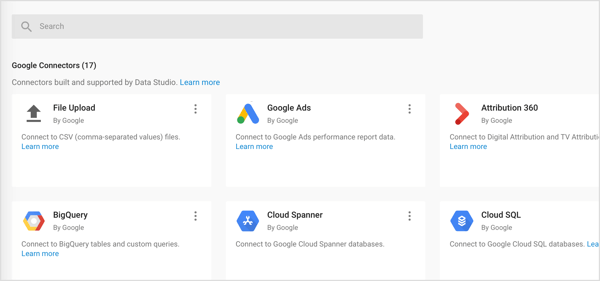 Importuokite trijų tipų jungtis į „Google Data Studio“: „Google“ jungtys, partnerių jungtys ir atvirojo kodo jungtys.