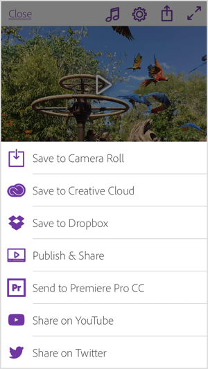 Bendrinkite „Adobe Premiere Clip“ vaizdo įrašą tiesiogiai „YouTube“ ir „Twitter“ arba išsaugokite jį savo galerijoje arba „Creative Cloud“