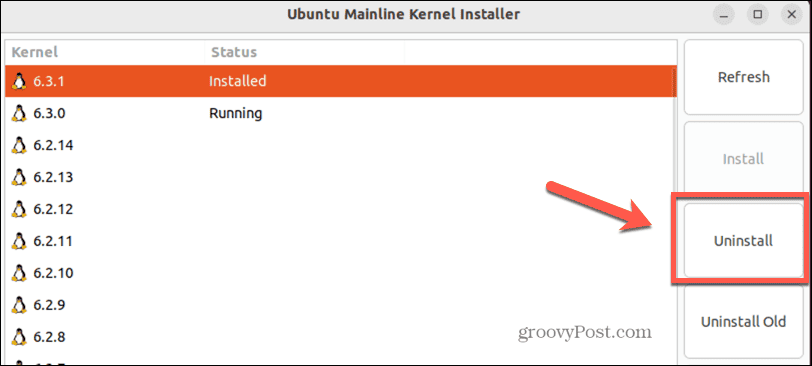 ubuntu pašalinkite branduolį pagrindinėje eilutėje