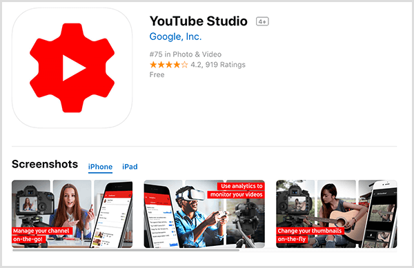 „YouTube Studio“ programoje „iTunes“ yra raudona krumpliaračio piktograma su rodymo rodykle centre. Trijose ekrano kopijose rodoma iš kairės į dešinę rodoma moteris, įrašanti vaizdo įrašą ir mobiliojo telefono ekraną, kad galėtumėte tvarkyti jūsų kanalą kelyje, vyras nešioja virtualią realybę laisvų rankų įrangą ir ekraną, skirtą analizei stebėti, ir moteris, įrašanti vaizdo įrašą, kuriame groja gitara, ir mobilųjį ekraną, skirtą pakeisti vaizdo įrašo miniatiūrą. skristi.