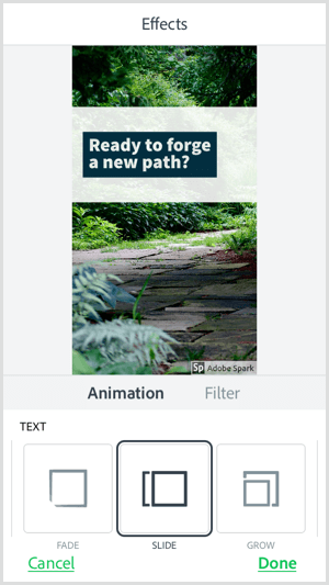 Pasirinkite „Adobe Spark Post“ mobiliosios programos teksto animacijos parinktį.