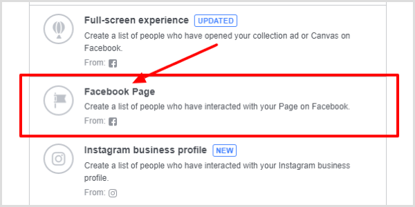 Pasirinkite „Facebook“ puslapį kaip įtraukimo tipą.
