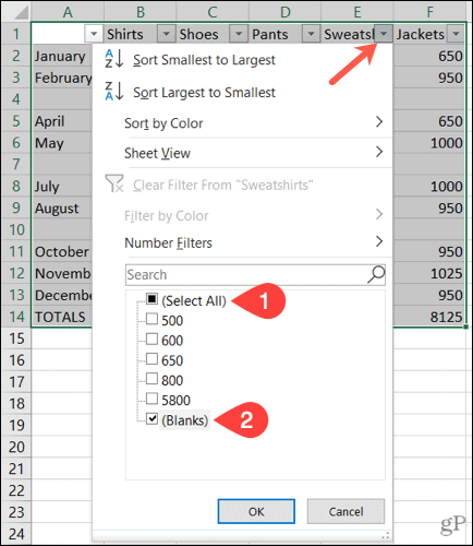 Filtruokite tuščias eilutes „Excel“