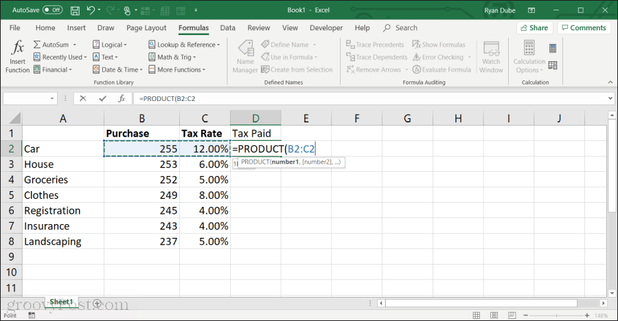 naudojant produkto funkciją excel