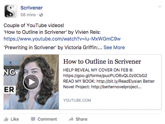„Scrivener“ savo „Facebook“ puslapyje dalijasi „YouTube“ vaizdo įrašu, kuris vartotojams gali patikti.