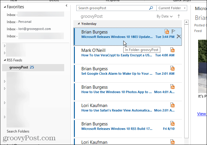 „RSS“ aplankas „Outlook“