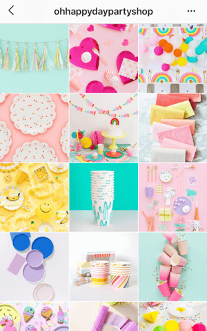 Kaip patobulinti „Instagram“ nuotraukas, „Instagram“ sklaidos kanalo temos pavyzdys iš „Oh Happy Day Party Shop“, rodantis ryškių spalvų paletę