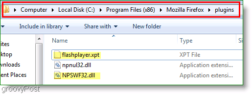Ekrano kopija: nukopijuokite „Flash“ į papildinių katalogą „Firefox“, skirtą „Windows 7“