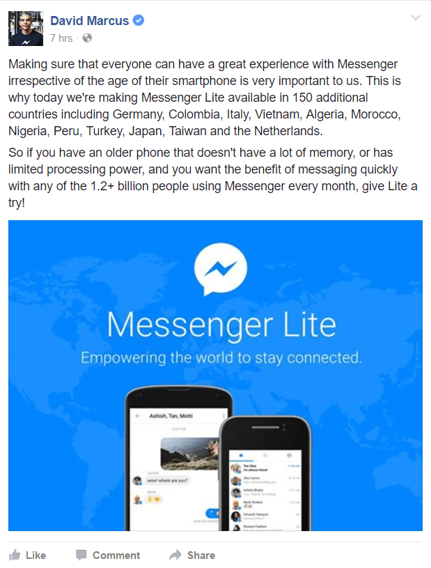 „Facebook Messenger Lite“ dabar yra prieinama daugiau pasaulio šalių.