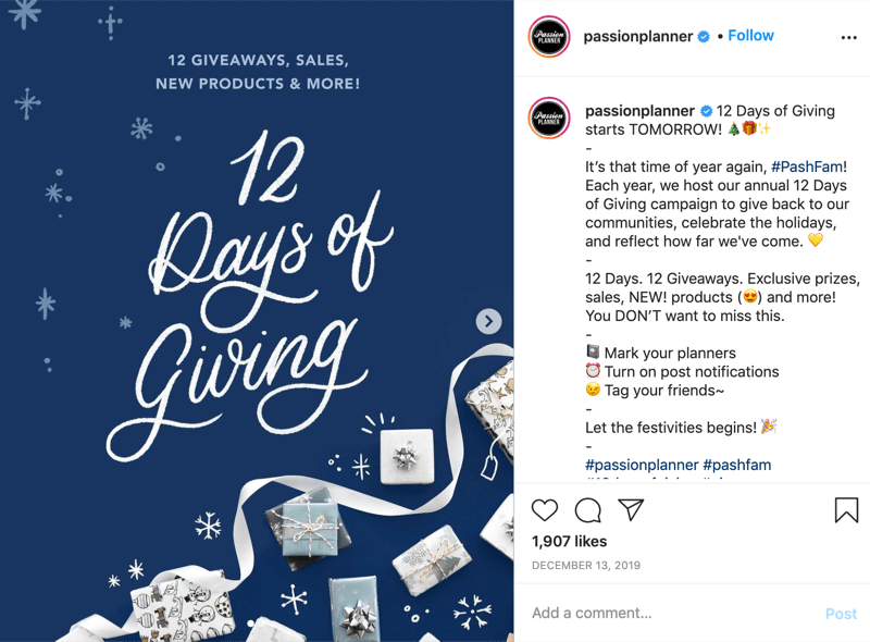 „Instagram“ dovanų konkurso, skirto 12 dienų dovanojimo iš @passionplanner, pavyzdys, kuriame skelbiama, kad dovanos prasideda kitą dieną