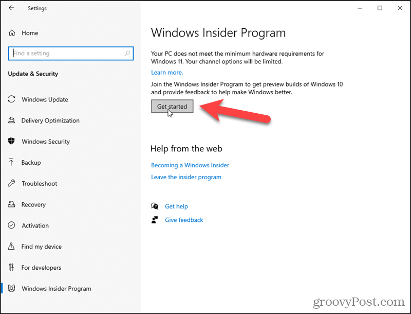 Spustelėkite Pradėti, kad atidarytumėte „Windows Insider“ programą