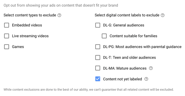 Kaip nustatyti „YouTube“ skelbimų kampaniją, atlikite 15 veiksmą, nustatykite išskirtus tipus ir etikečių parinktis