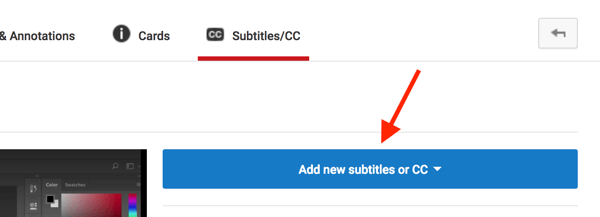 Atidarykite „YouTube“ vaizdo įrašą „Video Creator“ ir spustelėkite Pridėti naujus subtitrus arba CC.