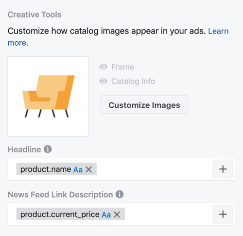 Norėdami tinkinti, kaip katalogo vaizdai rodomi „Facebook“ skelbimuose, naudokite „Facebook“ renginių sąrankos įrankio 30 veiksmo meniu parinktis