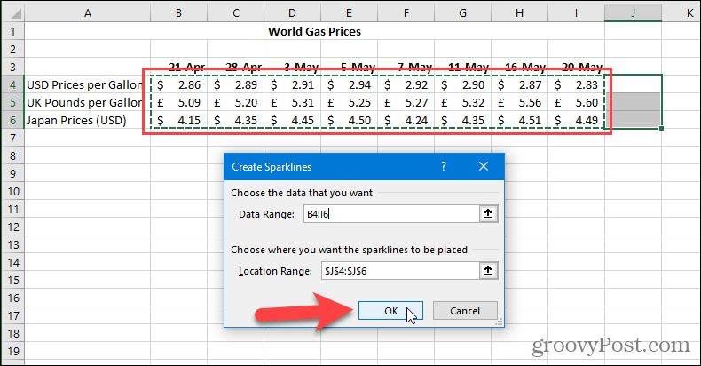 „Excel“ dialogo lango „Sparklines“ kūrimas