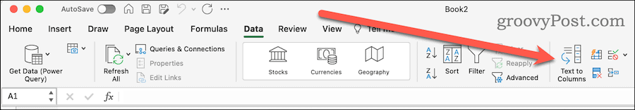 Teksto į stulpelius mygtukas „Excel“ duomenų juostelėje