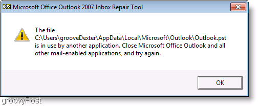 Ekrano vaizdas - „Outlook 2007 ScanPST“ taisymo pranešimų langas