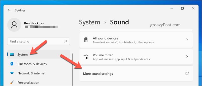 Atidarykite meniu Daugiau garso nustatymų sistemoje „Windows 11“.