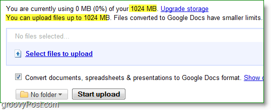 „google docs“ naujo nieko įkelimo riba yra 1024 MB arba 1 GB