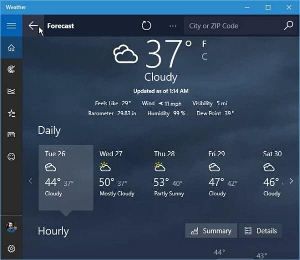 „Windows 10“ orų programos prognozė