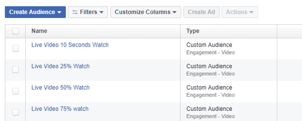 „Facebook“ skelbimų tvarkyklėje naudokite įrankį „Auditorijos“, kad apibrėžtumėte tikslinę auditoriją pagal „Facebook Live“ vaizdo įrašų peržiūras.